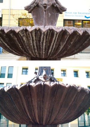 Brunnenschale vor und nach der Restaurierung Brunnenschale vor und nach der Restaurierung